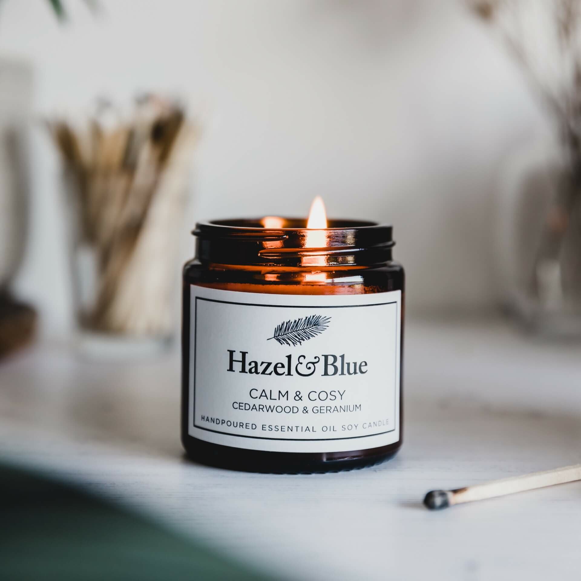 20-03-Hazel-and-blue-candles-14 Calm & Cosy Cedar wood and Geranium Essential Oil Soy Candle